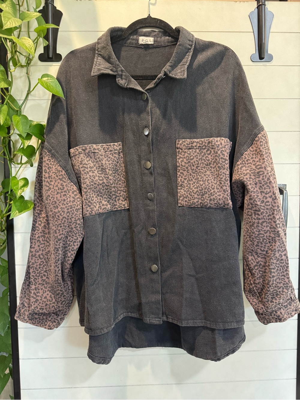 POL Black Denim Jacket with Brown Leopard-Print Panels